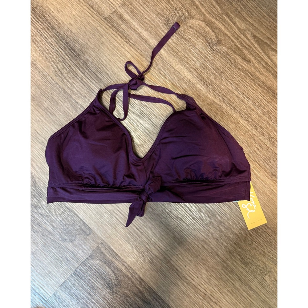 Kona Sol Womens Tie Front Halter Bikini Top Burgundy Purple Size L 12-14 NWT